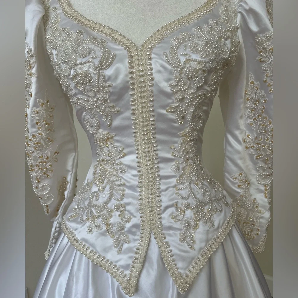 Vintage 1980s Pearl Beaded Wedding Gown | Basque Waist | Cathedral Train - Picture 2 of 16